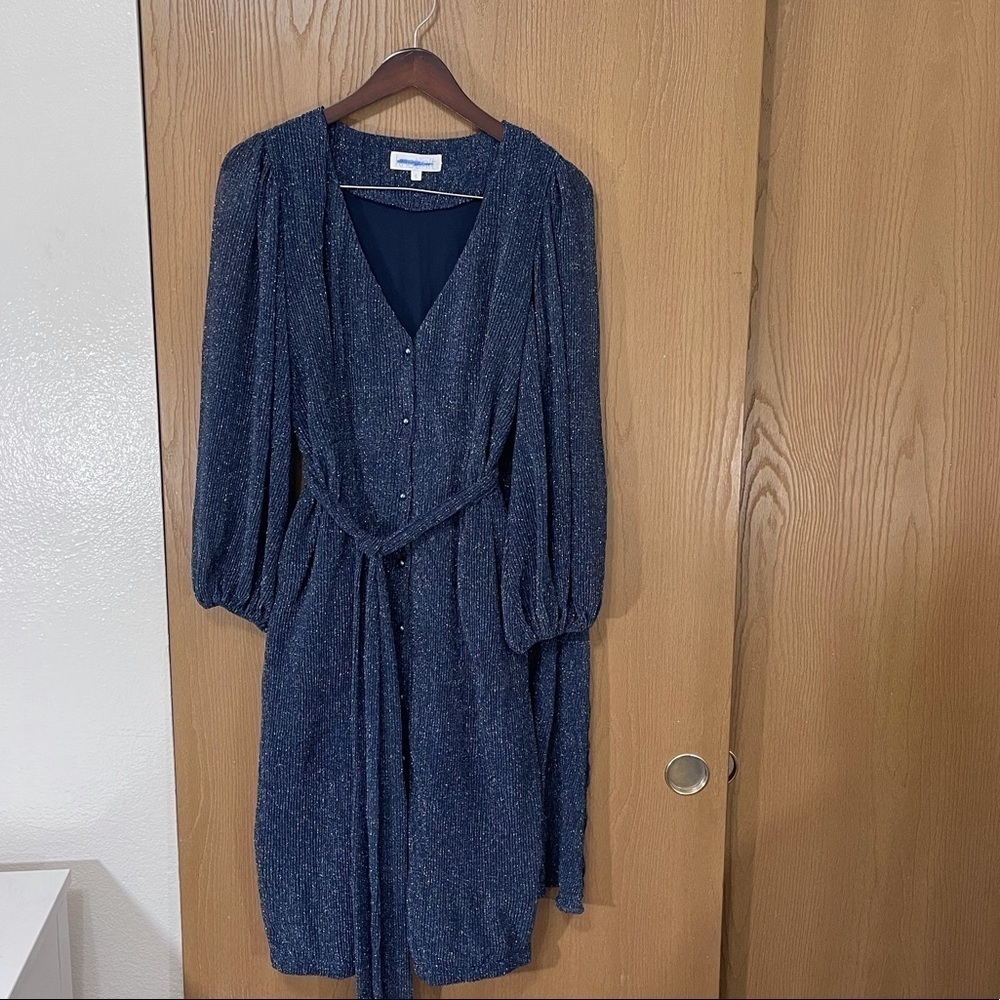 Anthropologie Kristinit Radzwill Blue Shimmer Sparkle Dress V-Neck Button Front